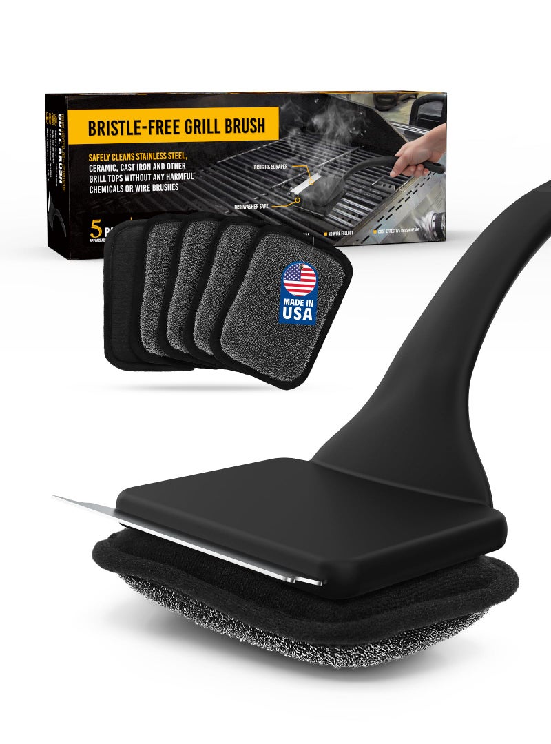 MEKER Grill Brush Bristle Free  Grill Cleaner Brush with 5 BBQ Replacement Head for Cast Iron  Stainless Steel Grates  Safe Grill Scraper Outdoor BBQ Grill  Black - Image 1